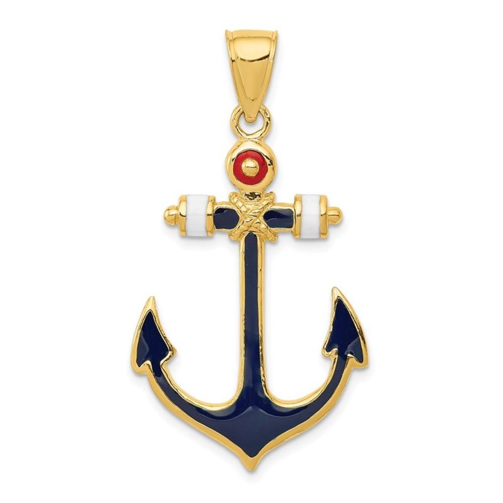 14k Yellow Gold Red, White and Blue Enameled Anchor Necklace - 18 Inch